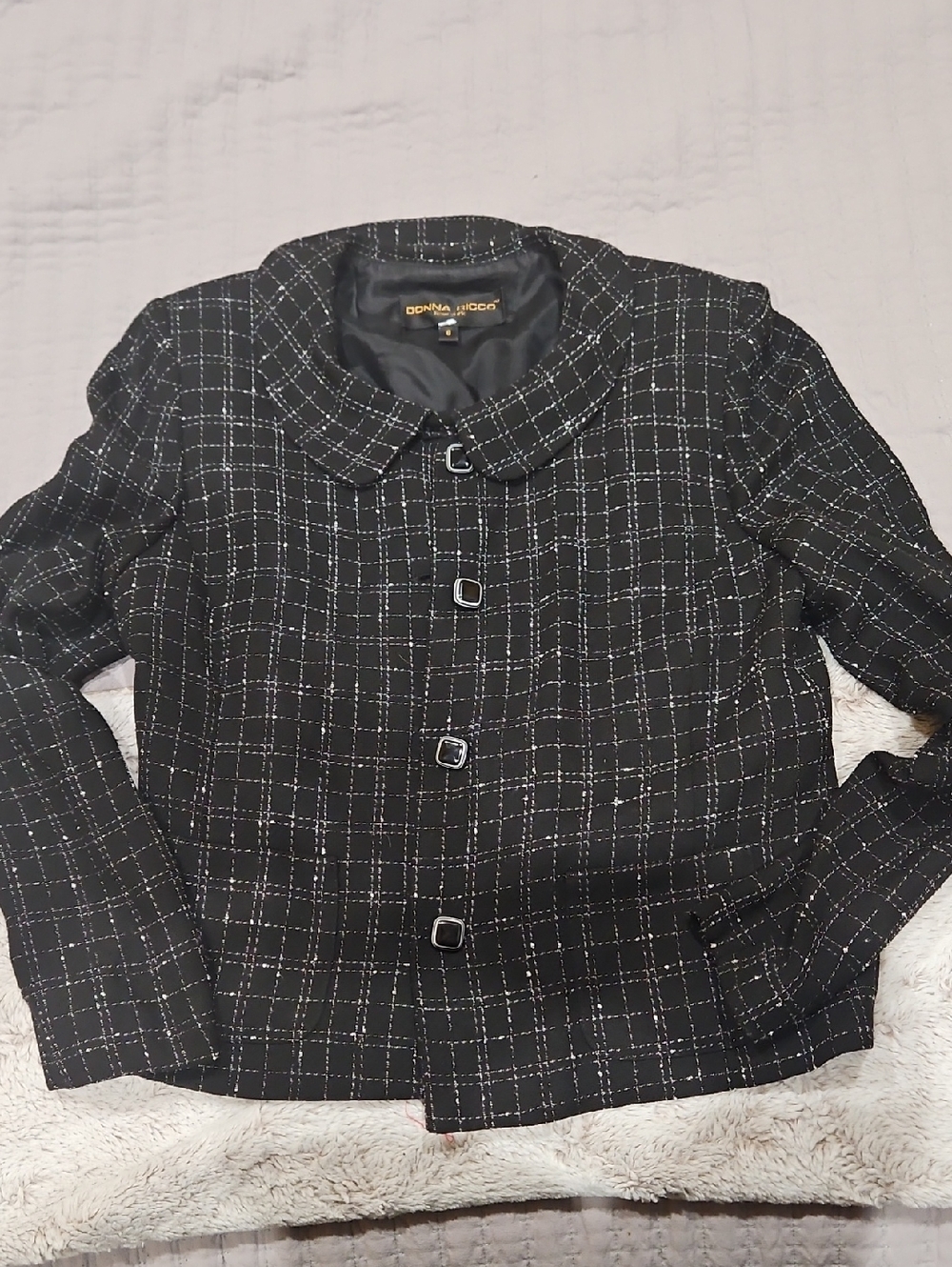 Donna Ricco Black Windowpane Plaid Collar Jacket